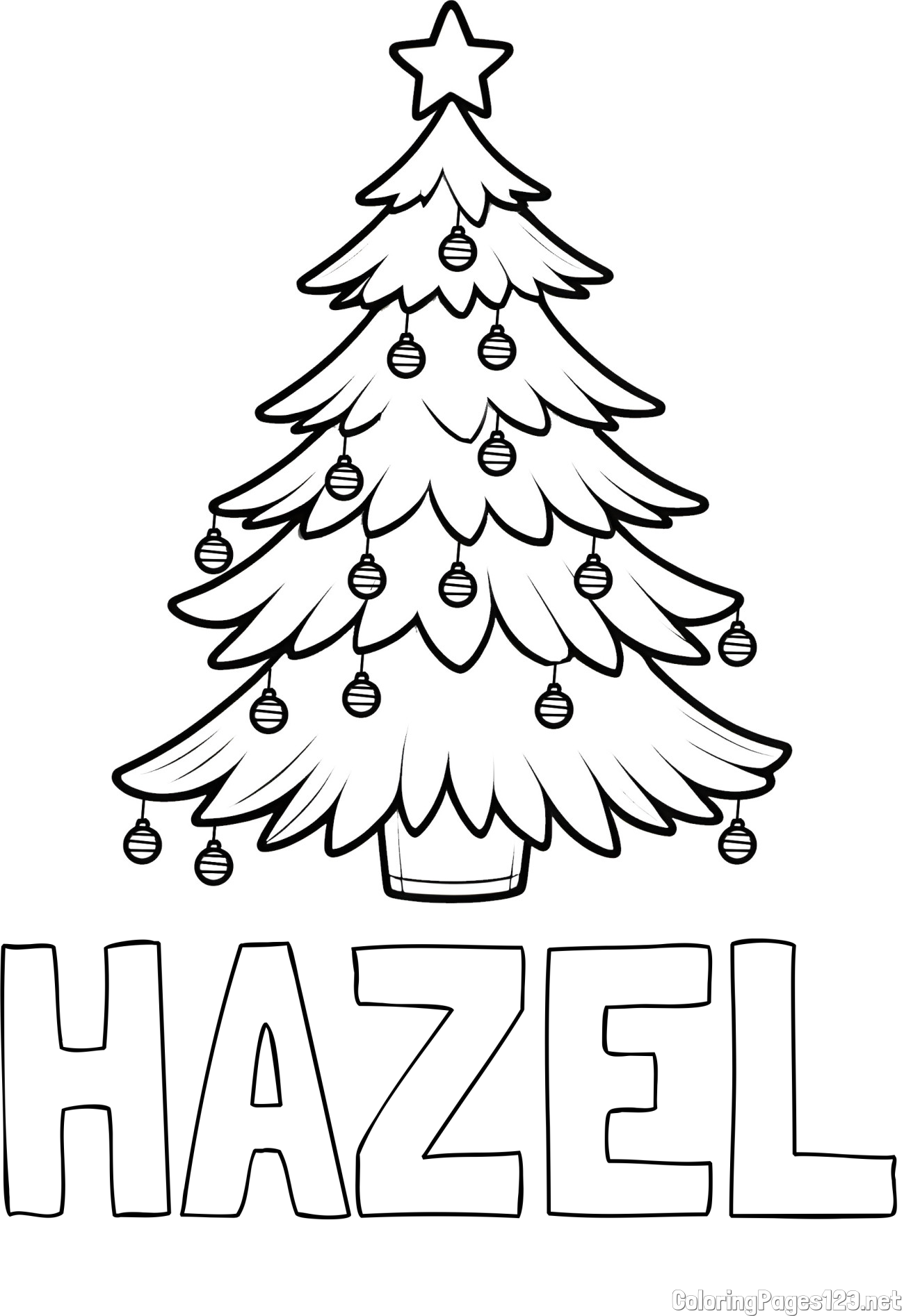 HAZEL Coloring Page and Christmas Tree with Star and Ornaments Coloring Page
