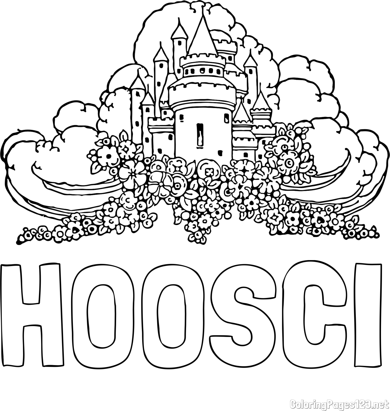 HOOSCI Coloring Page and Fairytale Castle Coloring Page - Surrounded by Clouds and Flowers