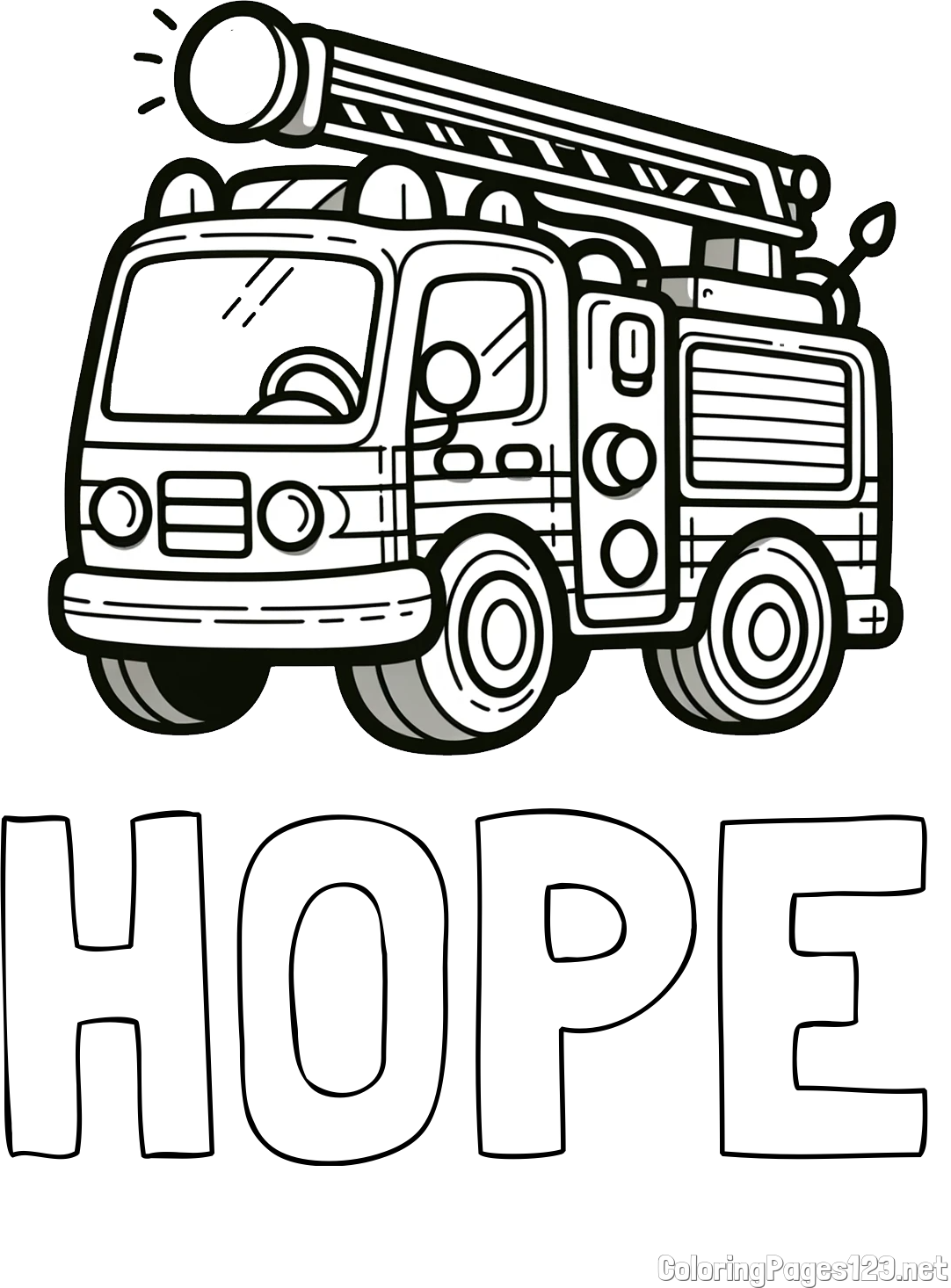 HOPE Coloring Page and Children's Coloring Page of a Simple Fire Truck