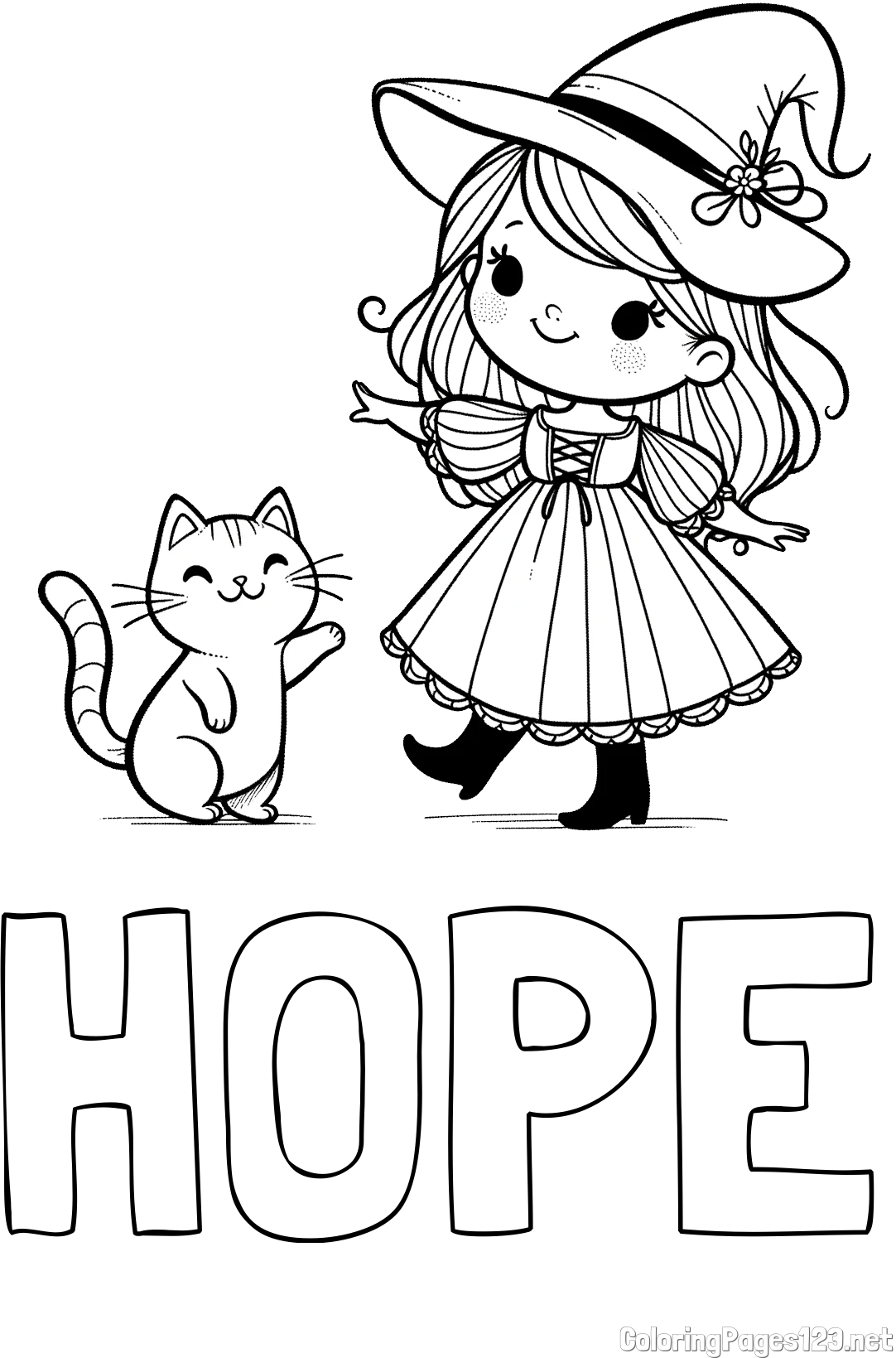 HOPE Coloring Page and Coloring Page of a Cute Witch and a Subordinate Cat
