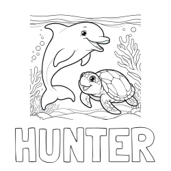 Online Created Coloring Page - HUNTER Coloring Page and Coloring Book of a Cute Dolphin with a Turtle in the Sea