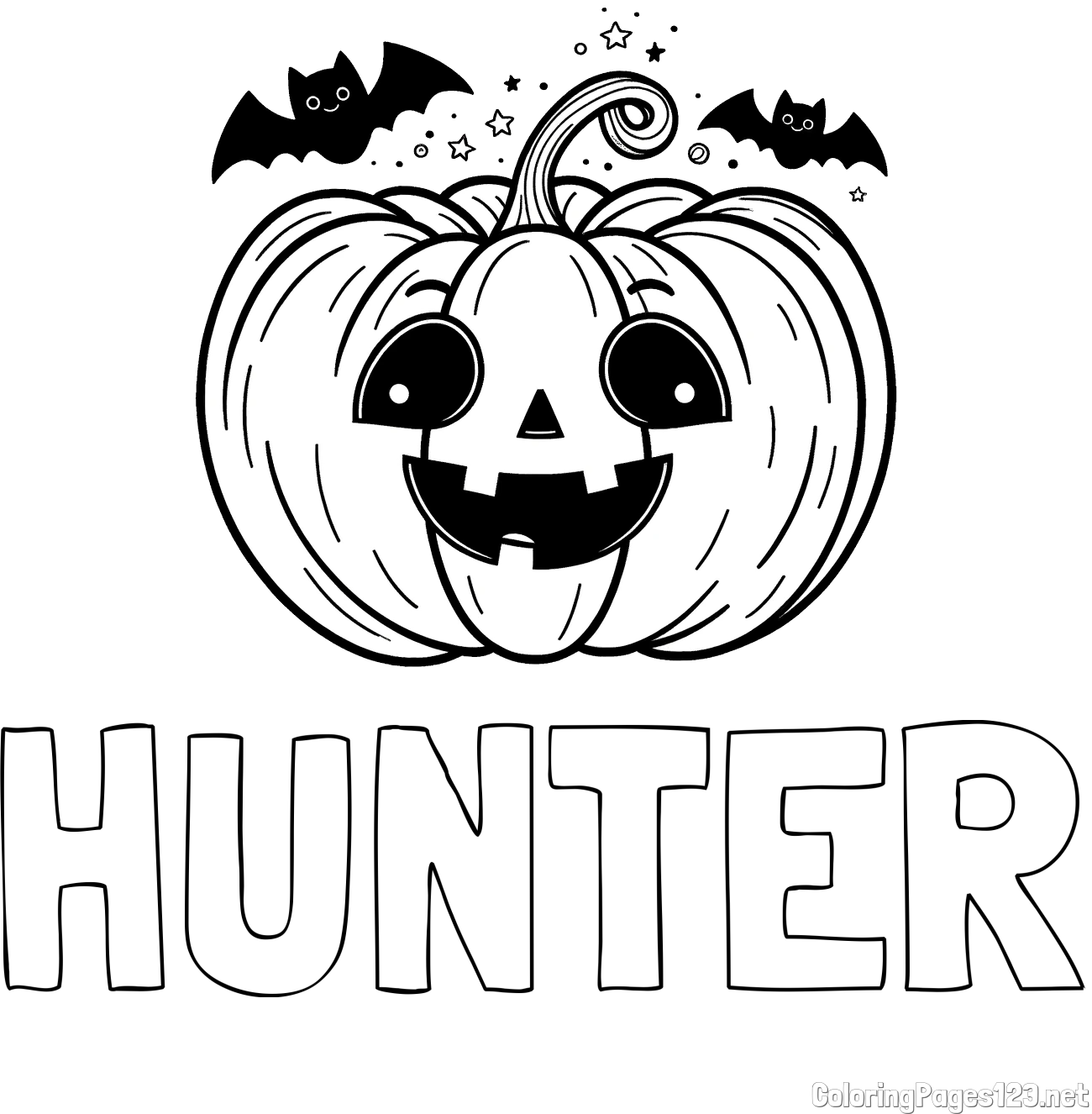 HUNTER Coloring Page and Halloween Pumpkin and Bats Coloring Page