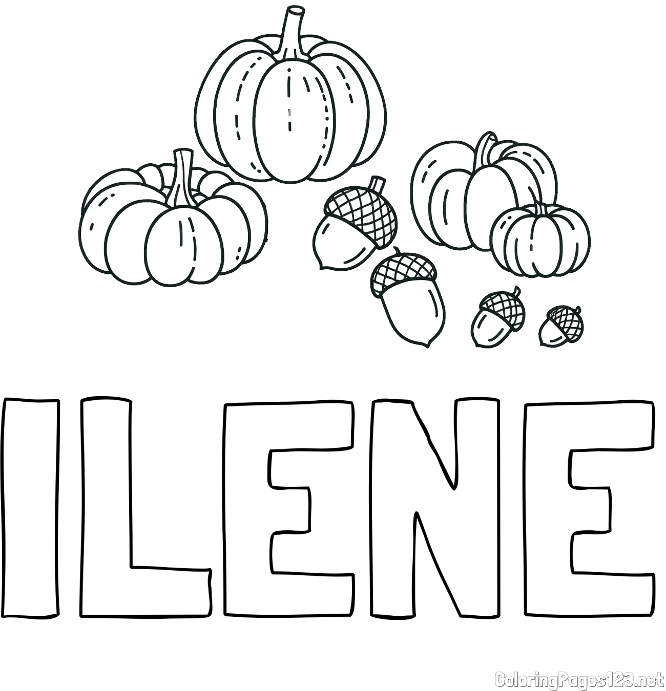 ILENE Coloring Page and Autumn Harvest Coloring Page - Acorns and Pumpkins