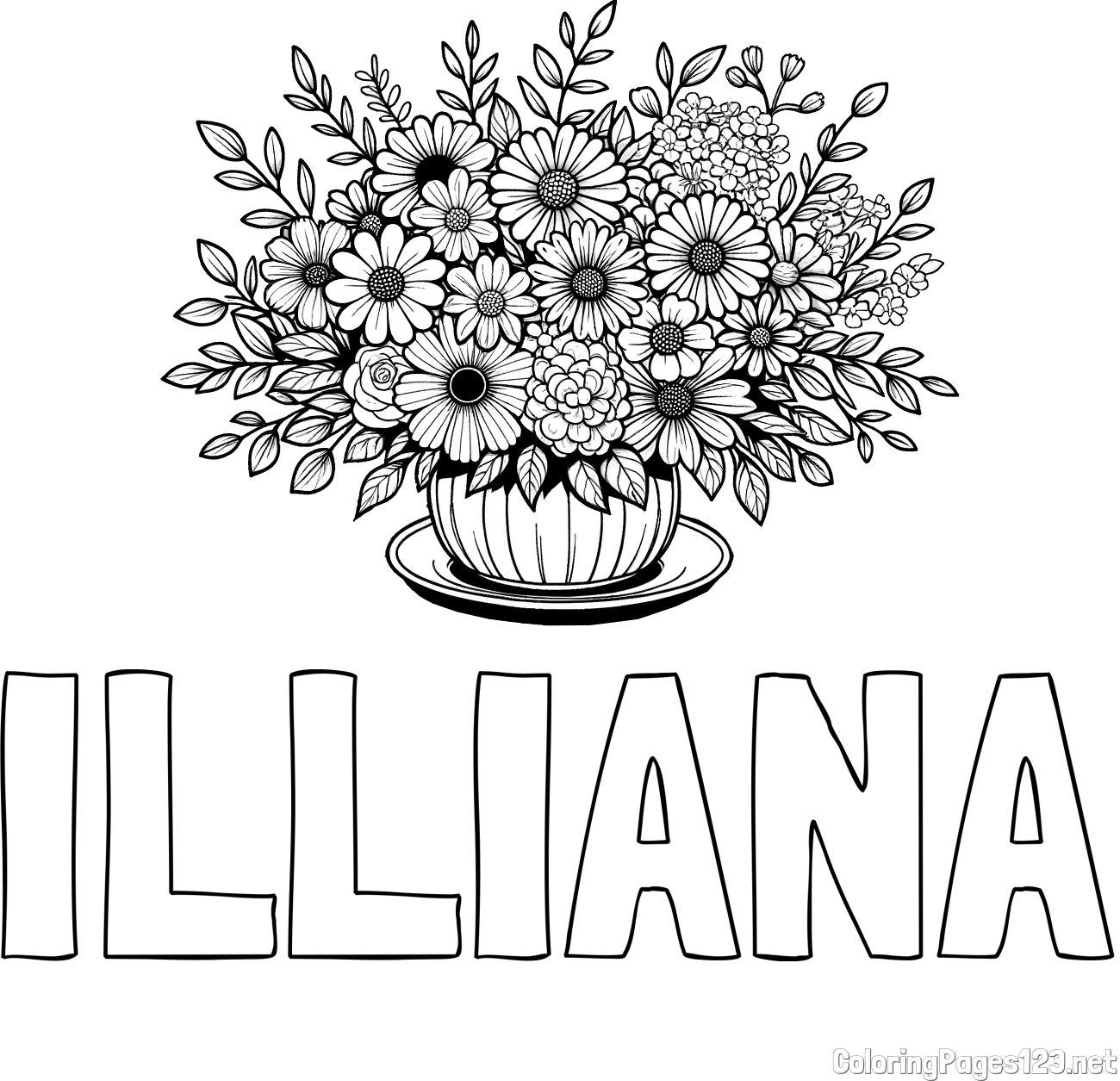 ILLIANA Coloring Page and Beautiful Bouquet of Flowers Coloring Page