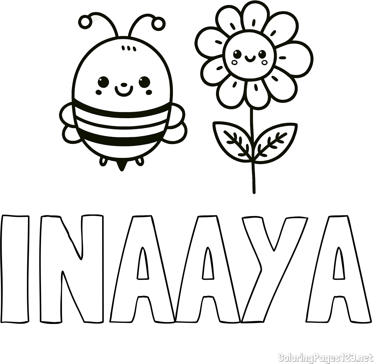 INAAYA Coloring Page and Coloring Page of a Cute Bee and Smiling Flowers