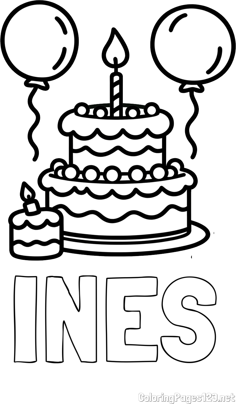 INÊS Coloring Page and Birthday Cake Coloring Page with Balloons