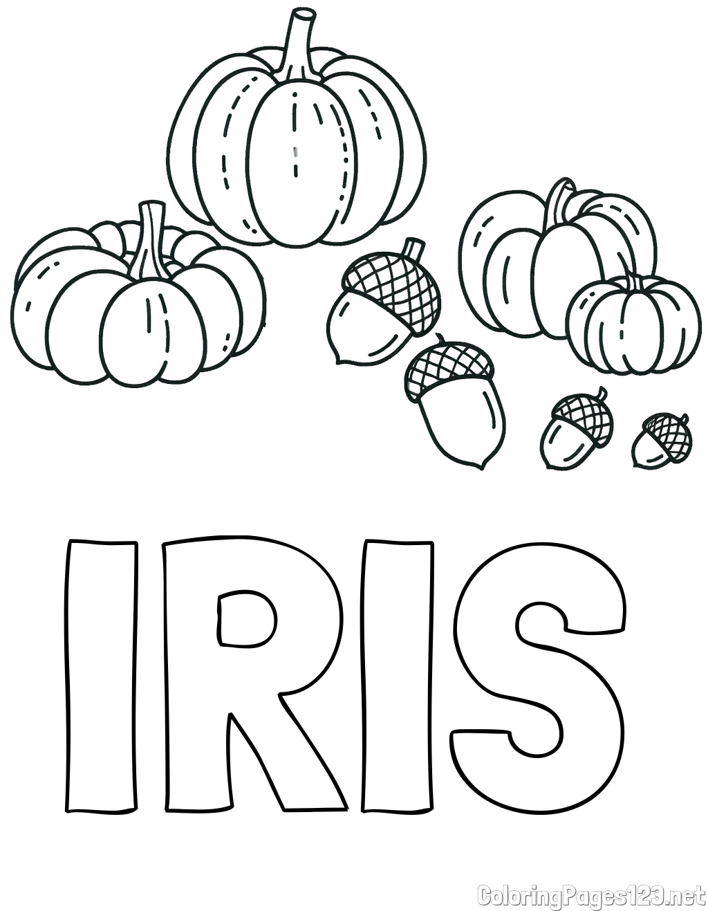 IRIS Coloring Page and Autumn Harvest Coloring Page - Acorns and Pumpkins