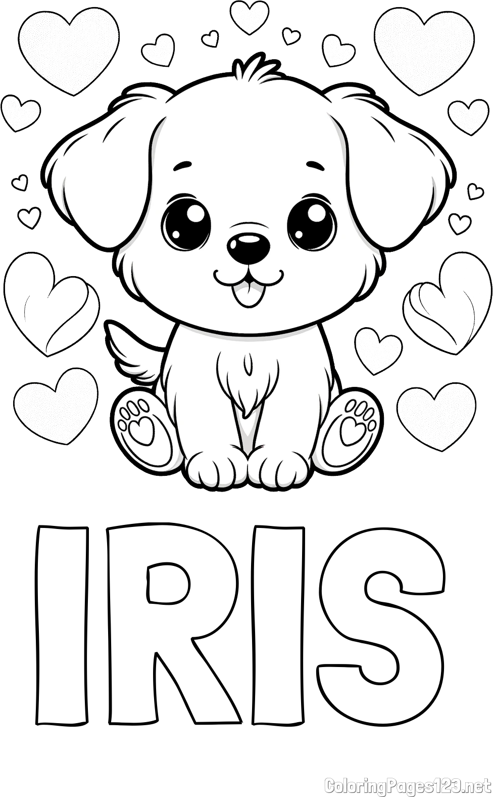 IRIS Coloring Page and Coloring Page of a Cute Dog and Hearts