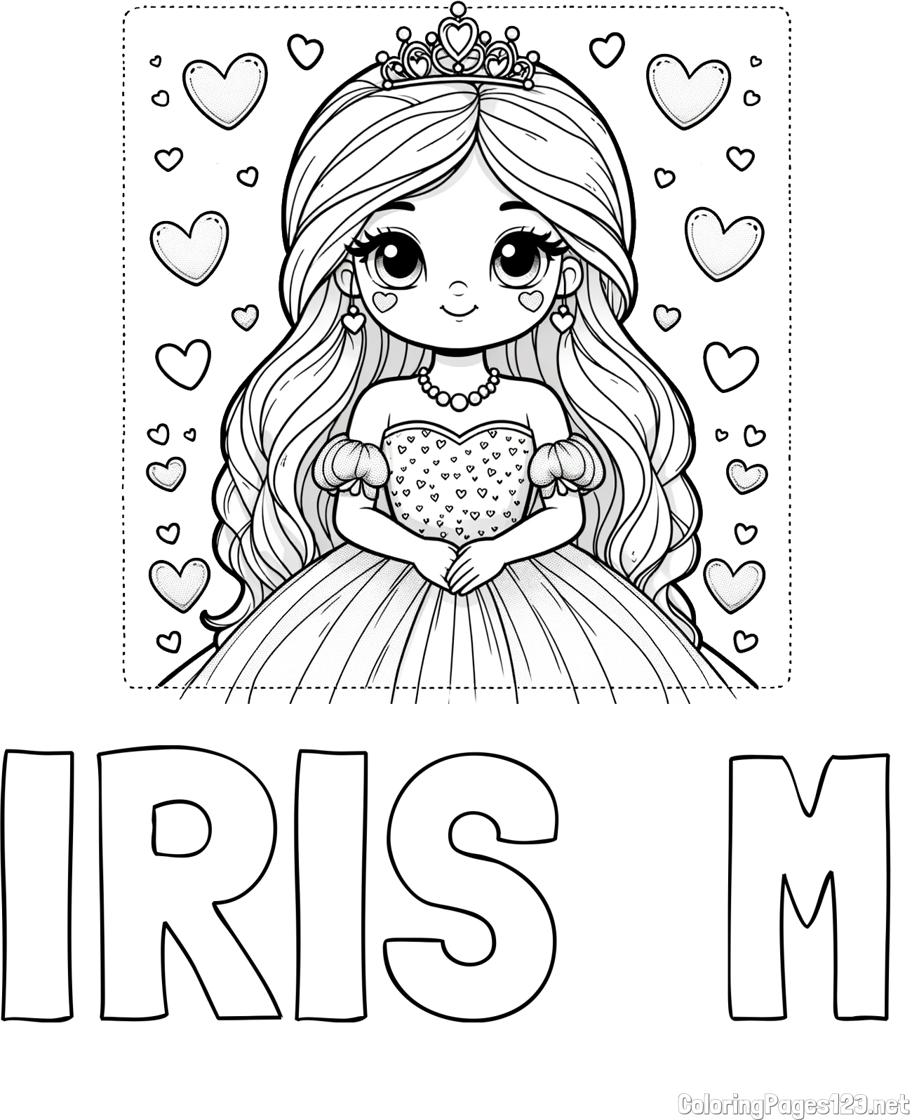 IRIS  M Coloring Page and Coloring Page of a Princess Surrounded by Hearts