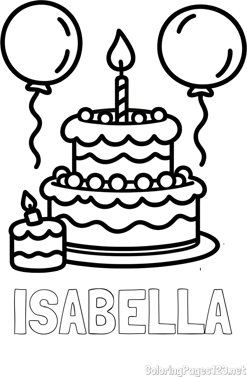ISABELLA Coloring Page and Birthday Cake Coloring Page with Balloons