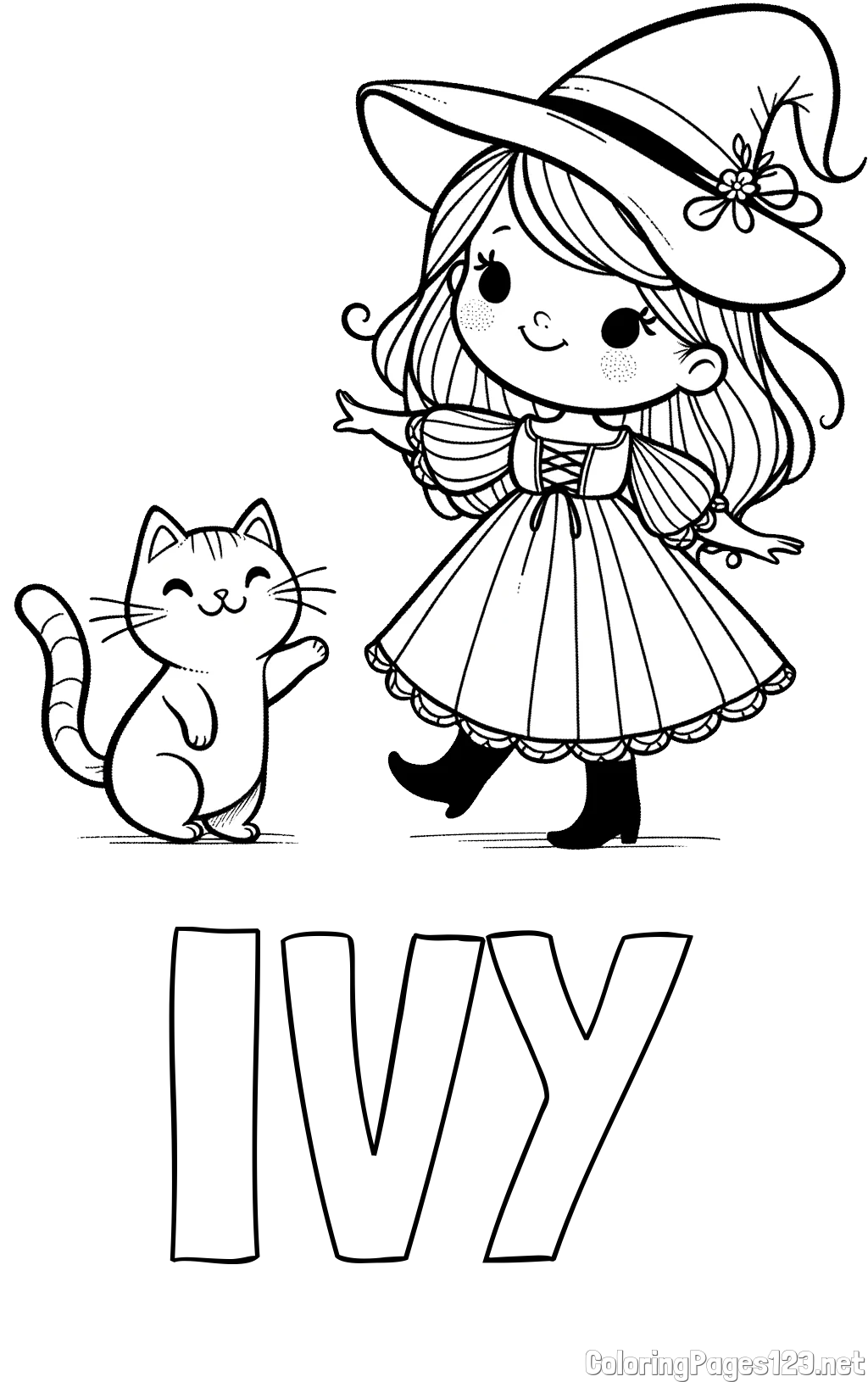 IVY Coloring Page and Coloring Page of a Cute Witch and a Subordinate Cat