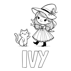 Online Created Coloring Page - IVY Coloring Page and Coloring Page of a Cute Witch and a Subordinate Cat