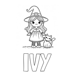 Online Created Coloring Page - IVY Coloring Page and Wonderful Coloring Page of a Cute Witch and a Smiling Cat