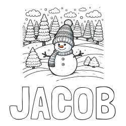 JACOB Coloring Page alongside Coloring Page of a Snowman with Pine Trees in the Background