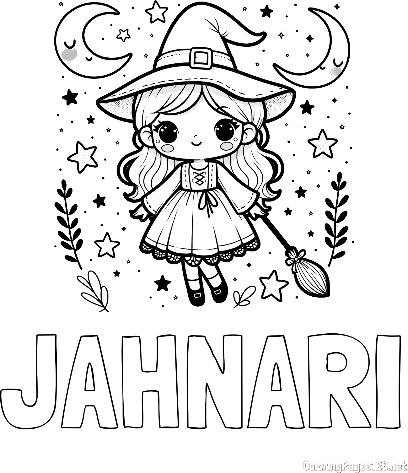 JAHNARI Coloring Page and Coloring Book of a Cute Witch