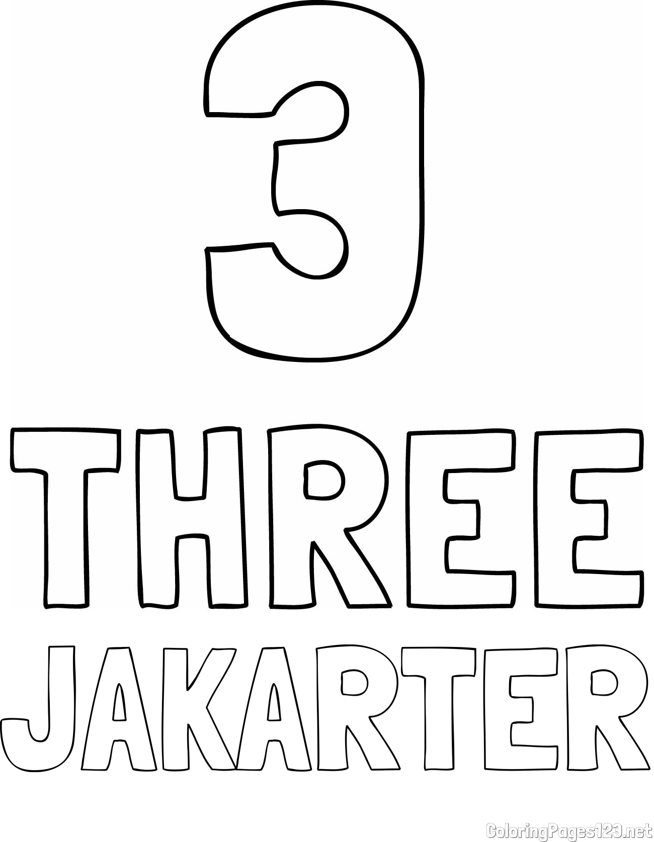 JAKARTER Coloring Page and Coloring of the Number Three (3) with the Written Name