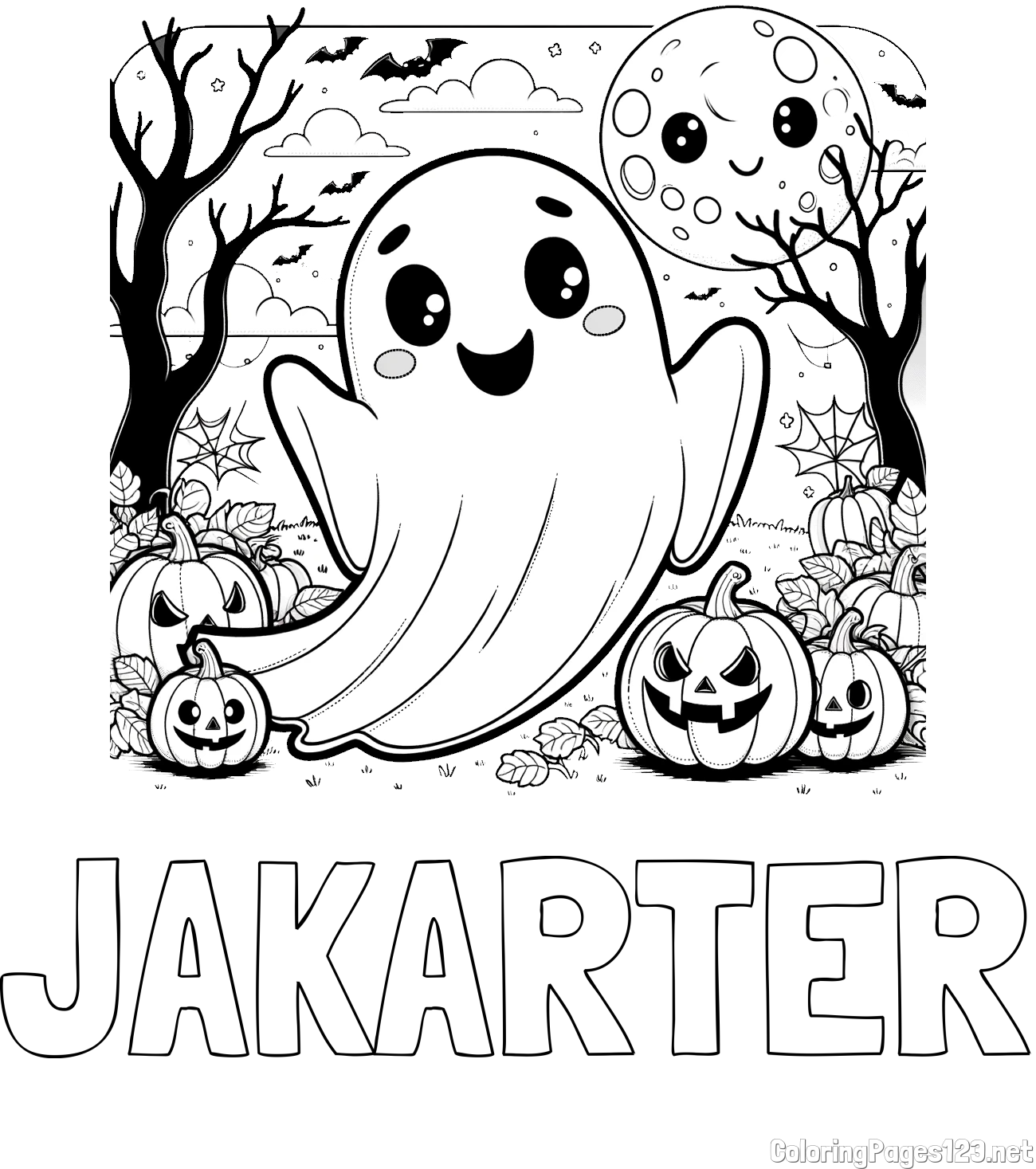JAKARTER Coloring Page and Halloween Coloring Page of a Ghost with Pumpkins