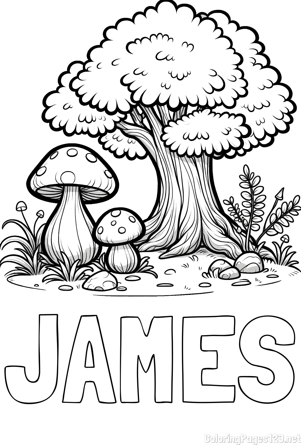 JAMES Coloring Page alongside Coloring Page of Two Mushrooms and a Big Tree