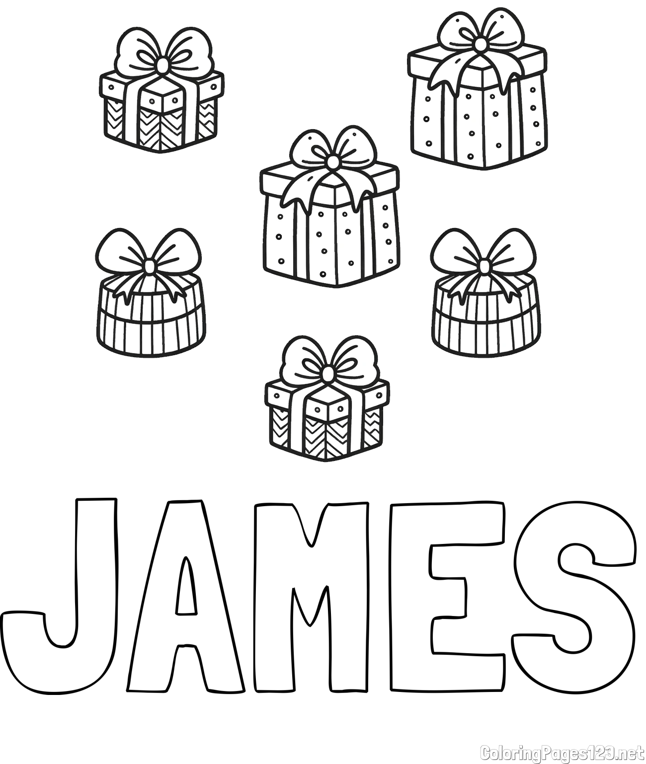 JAMES Coloring Page and Cute Coloring Page of Christmas Presents
