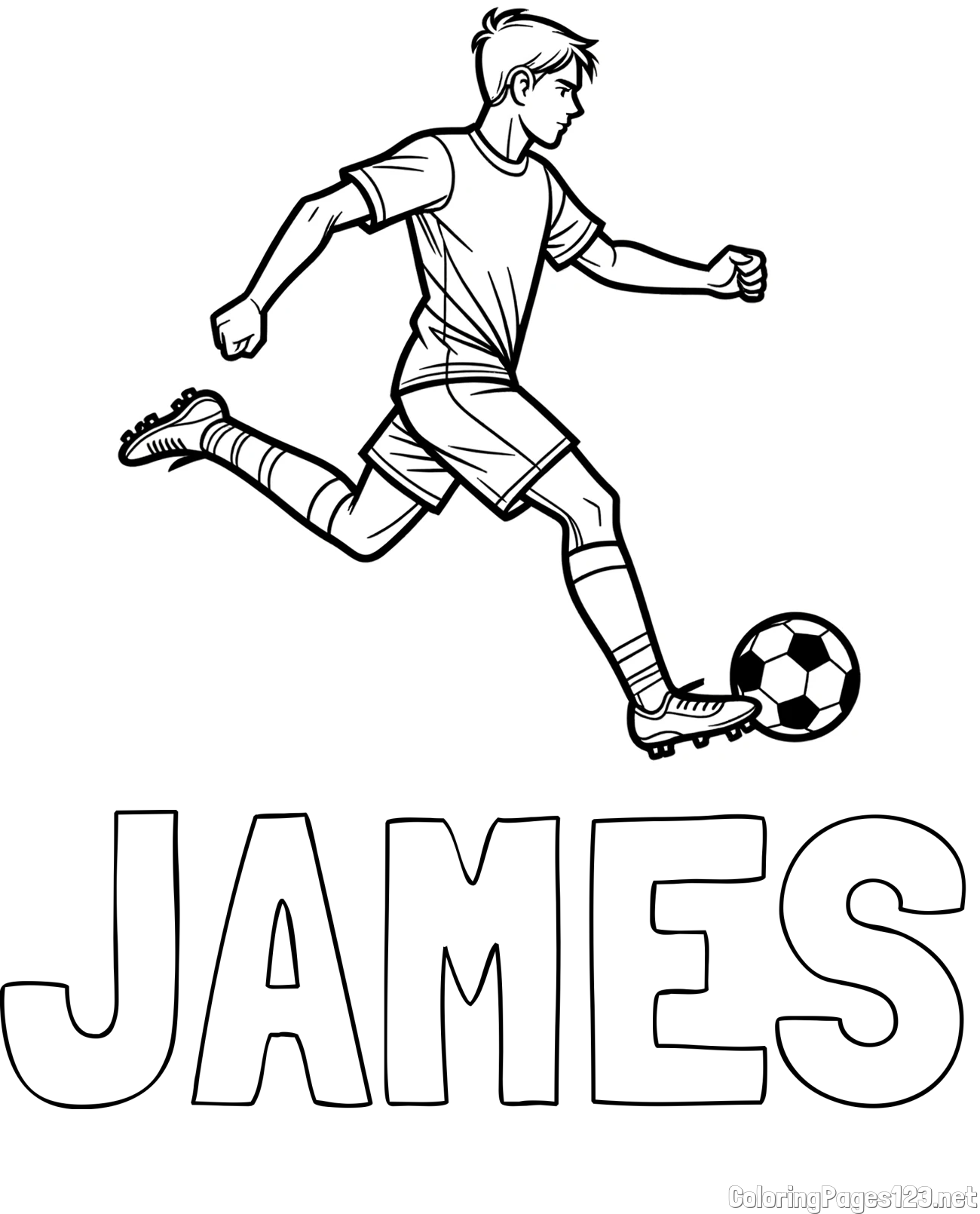 JAMES Coloring Page and Soccer Player in Action Coloring Page