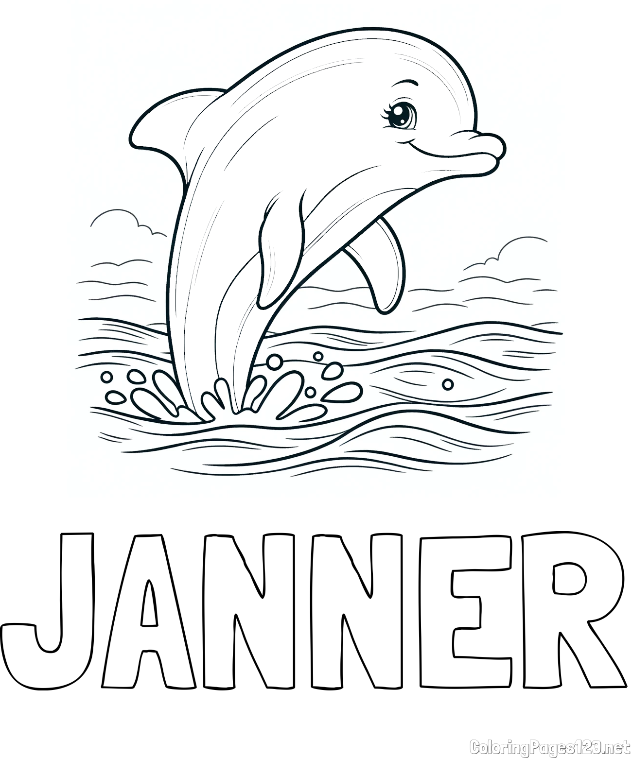 JANNER Coloring Page and Coloring Page of a Smiling Dolphin Jumping