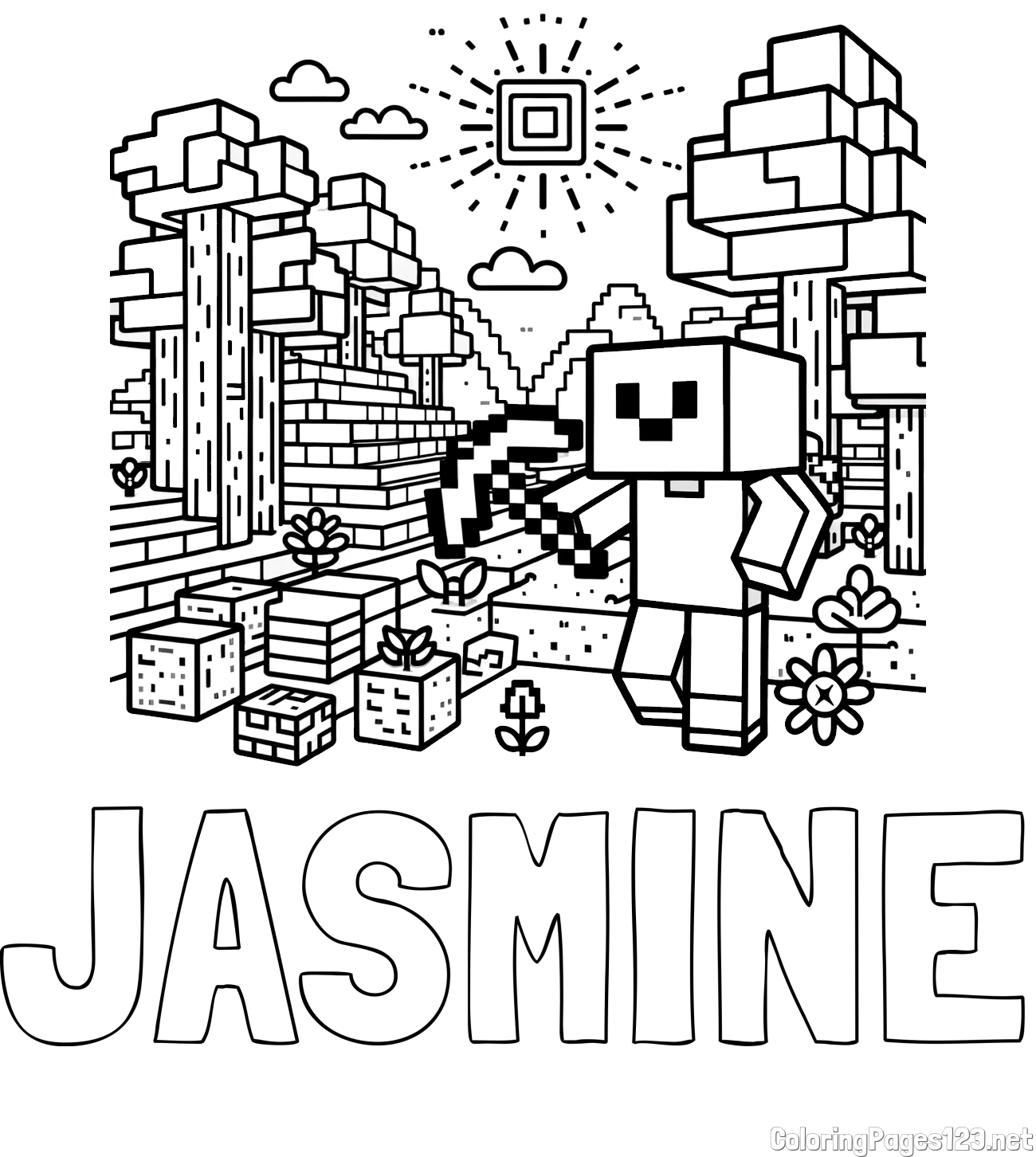 JASMINE Coloring Page and Minecraft World Coloring Page