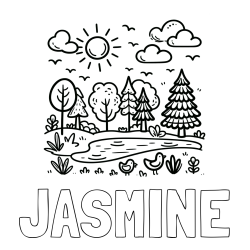 JASMINE Coloring Page and Summer Coloring Page - Pond, Ducks and Forest