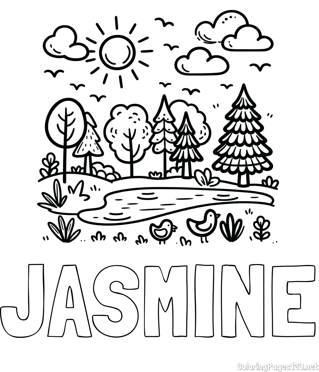 JASMINE Coloring Page and Summer Coloring Page - Pond, Ducks and Forest
