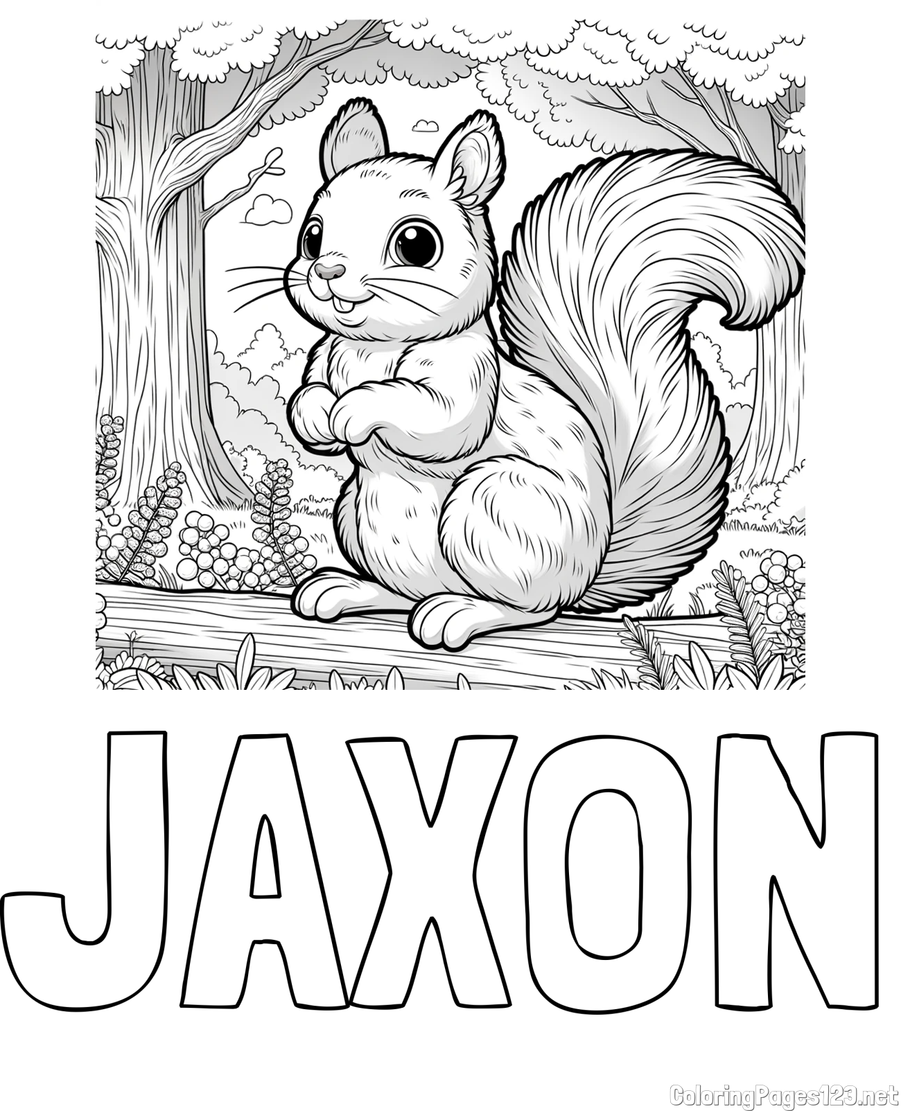 JAXON Coloring Page and Coloring Page of a Squirrel in a Forest