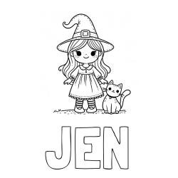 Online Created Coloring Page - JEN Coloring Page and Wonderful Coloring Page of a Cute Witch and a Smiling Cat