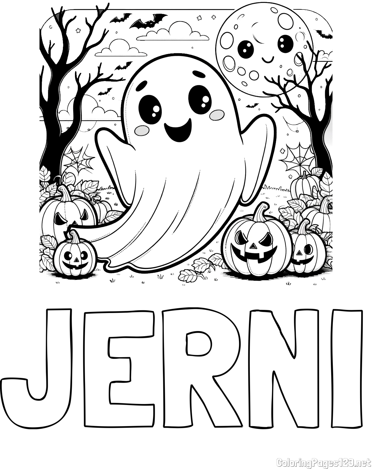 JERNI Coloring Page and Halloween Coloring Page of a Ghost with Pumpkins