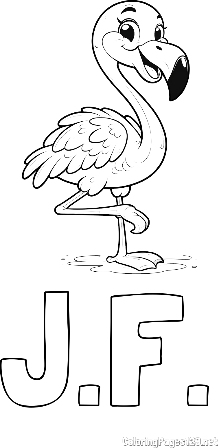 J.F. Coloring Page and Coloring Page of a Cute Smiling Flamingo