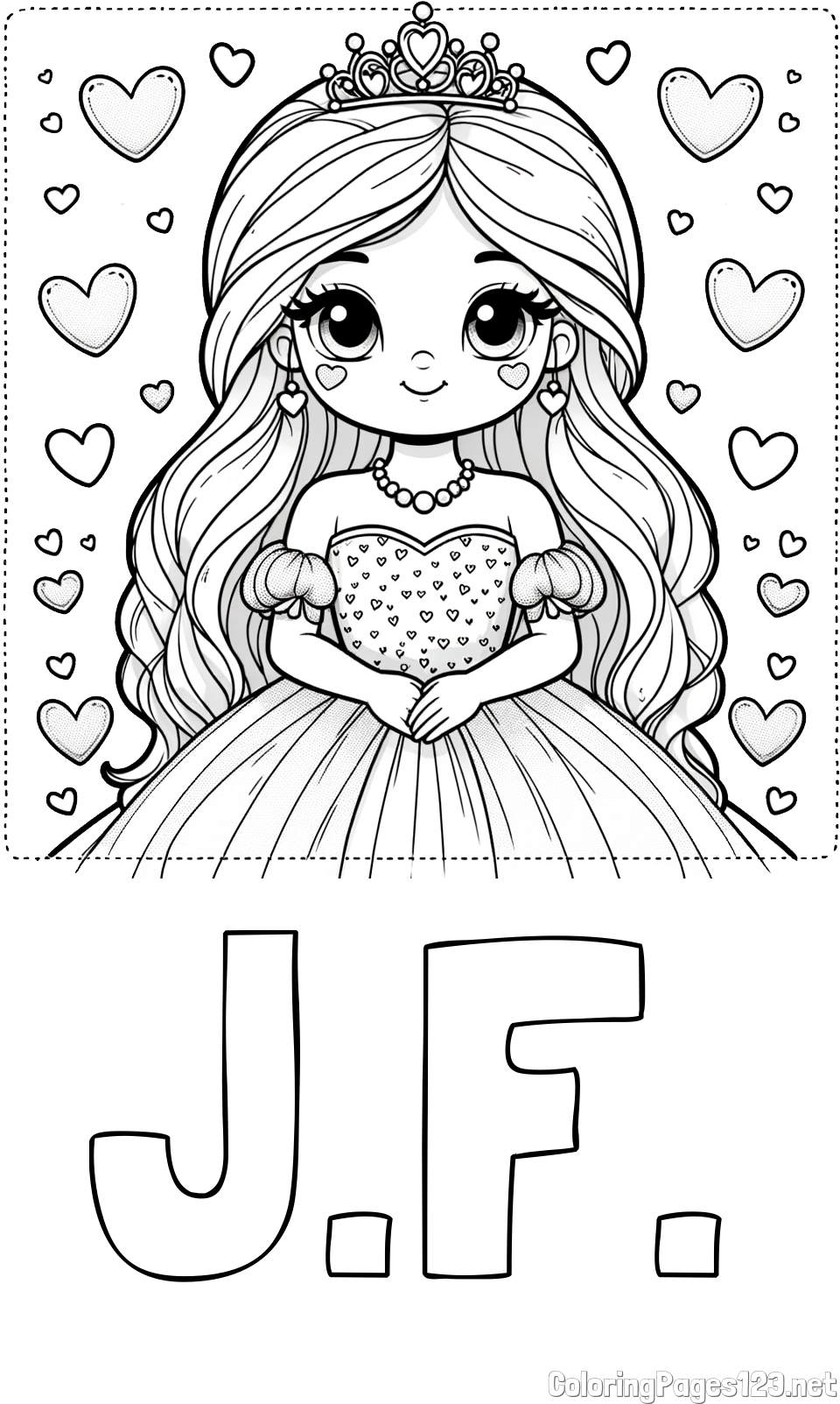 J.F. Coloring Page and Coloring Page of a Princess Surrounded by Hearts