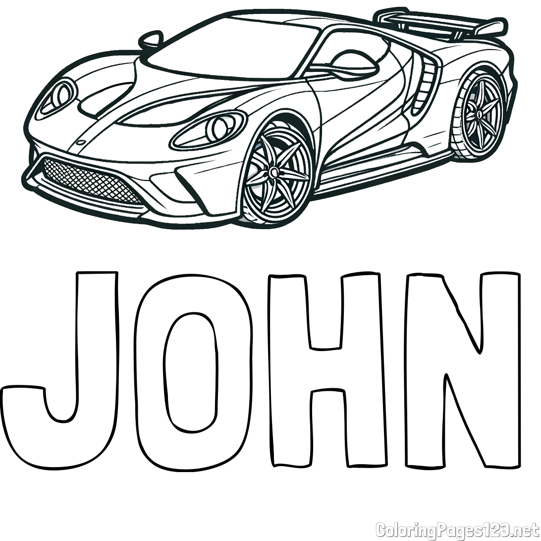 JOHN Coloring Page and Coloring Page of a Fast Sport's Car