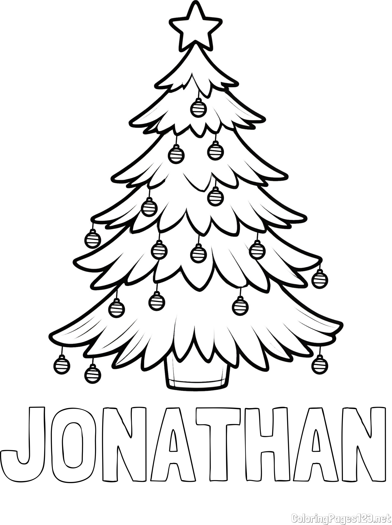 JONATHAN Coloring Page and Christmas Tree with Star and Ornaments Coloring Page