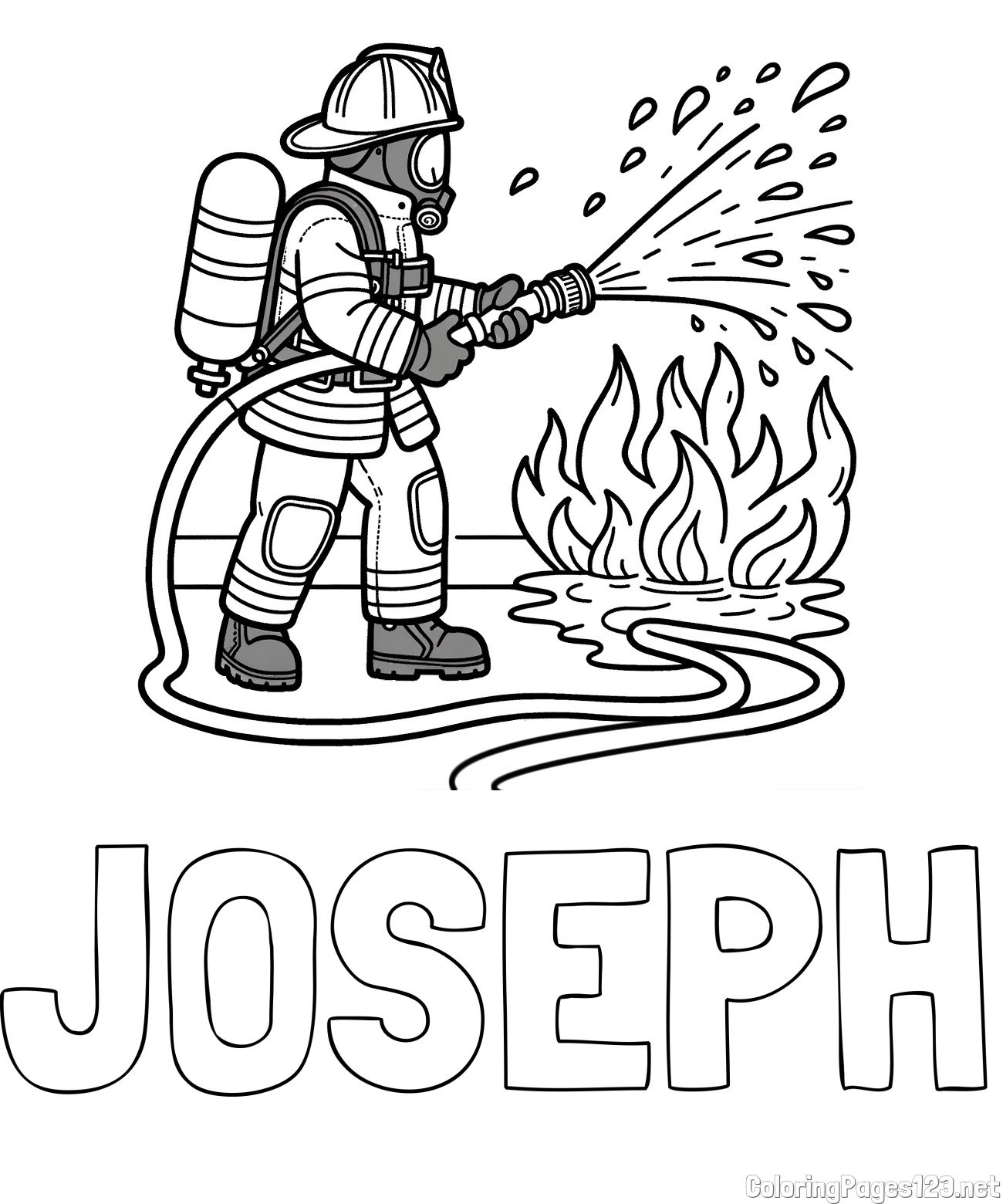JOSEPH Coloring Page and A coloring page of a firefighter and a big fire