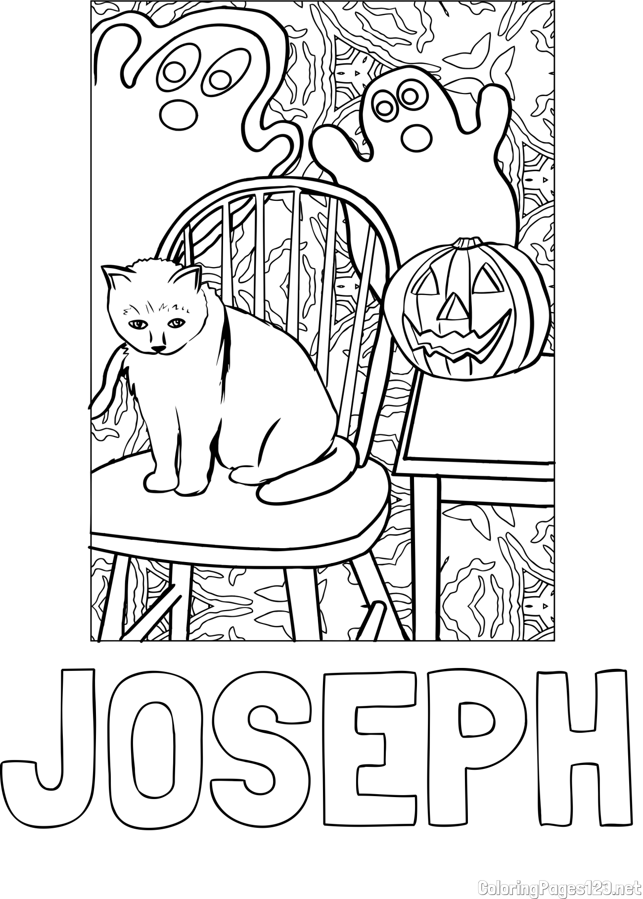 JOSEPH Coloring Page and Halloween Coloring Page of a Cat with Pumpkin and Spooky Ghosts