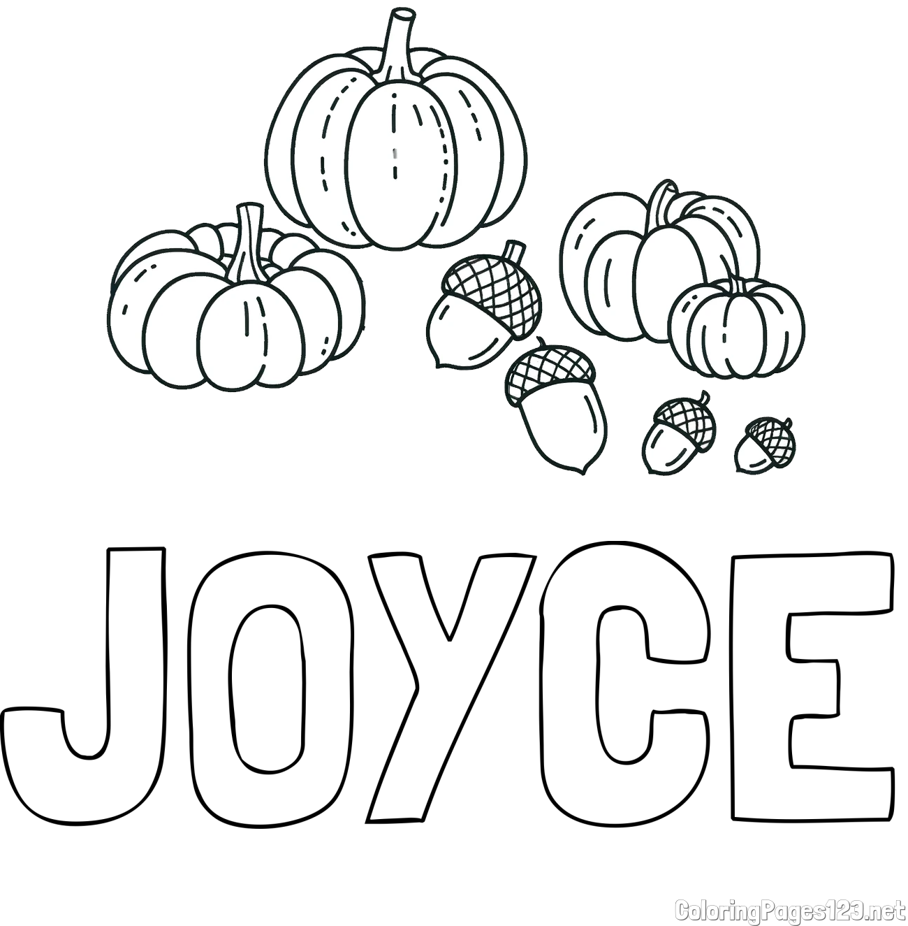 JOYCE Coloring Page and Autumn Harvest Coloring Page - Acorns and Pumpkins