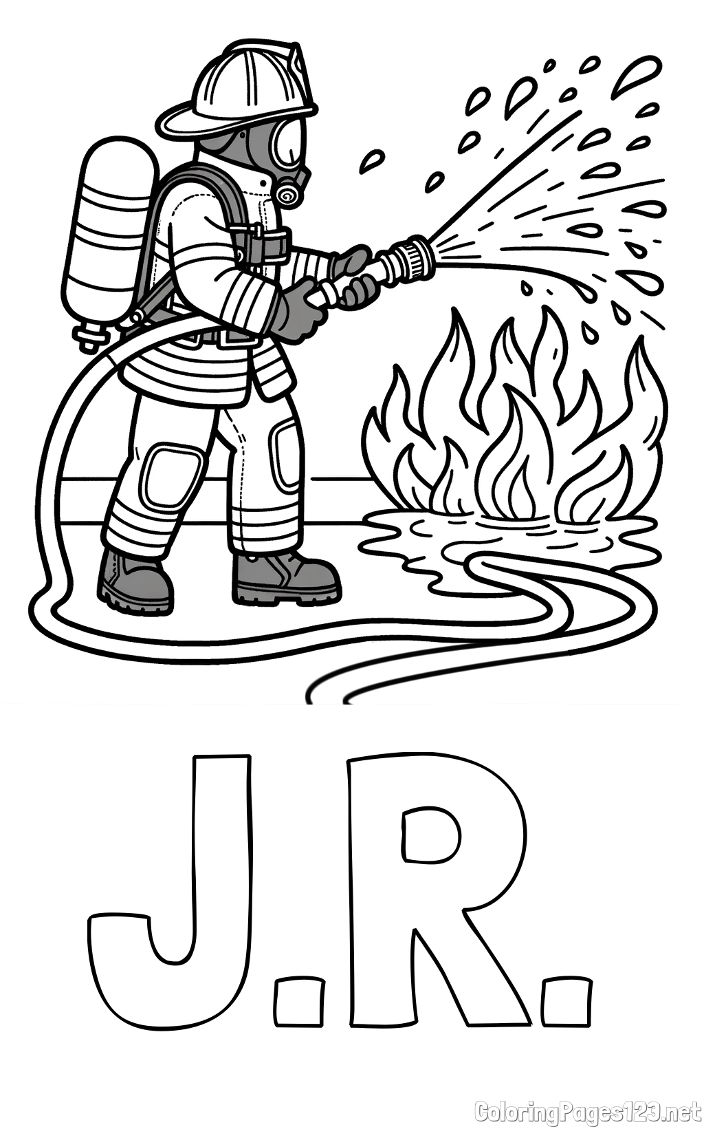 J.R. Coloring Page and A coloring page of a firefighter and a big fire