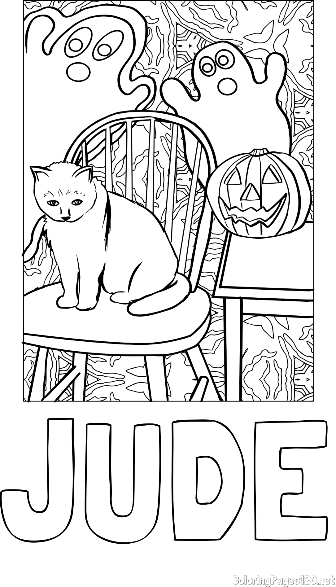 JUDE Coloring Page and Halloween Coloring Page of a Cat with Pumpkin and Spooky Ghosts