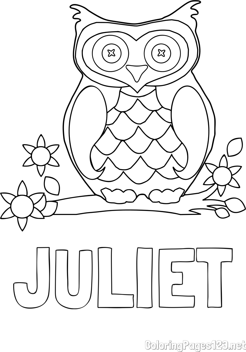 JULIET Coloring Page alongside Owl on a Branch Coloring Page
