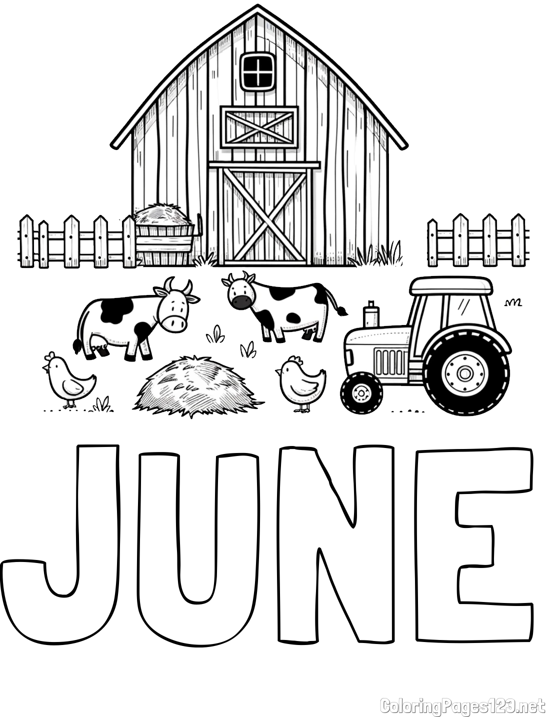 JUNE Coloring Page and Kids Farm Coloring Page