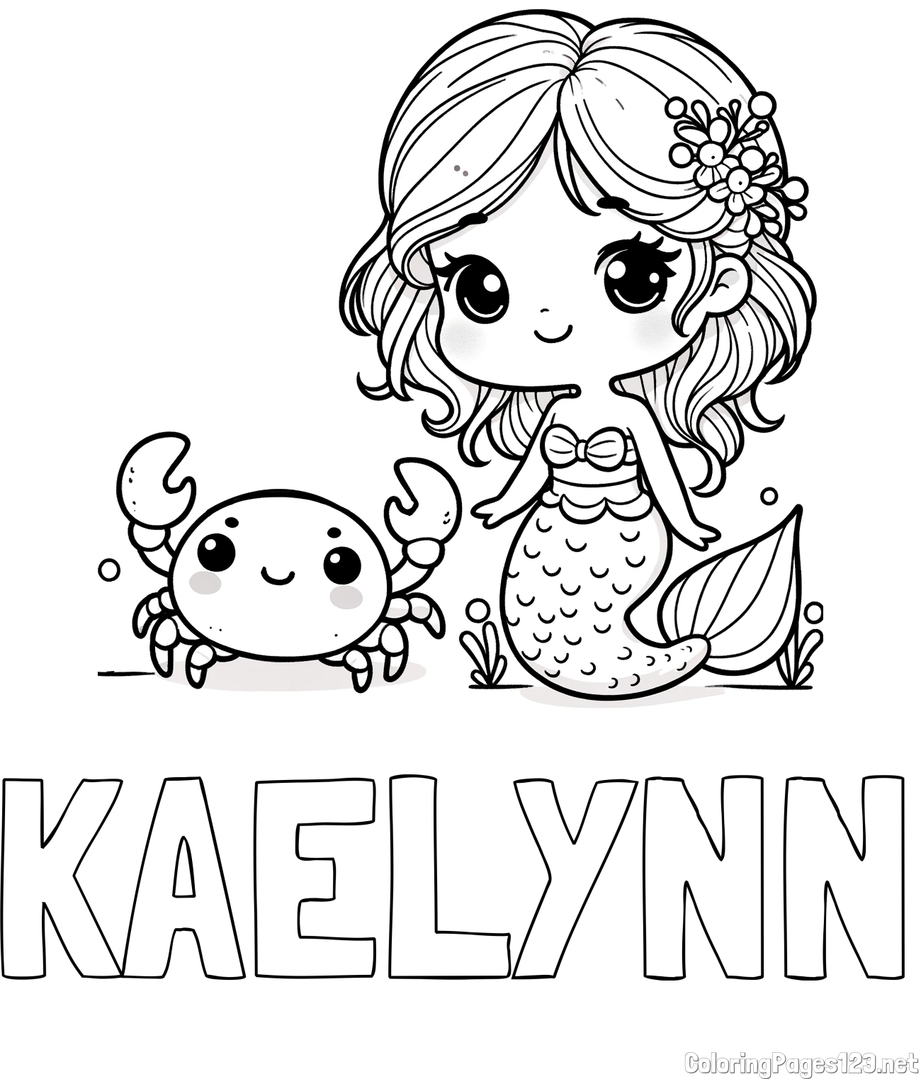 KAELYNN Coloring Page and Coloring Page of a Cute Mermaid and a Cheerful Crab