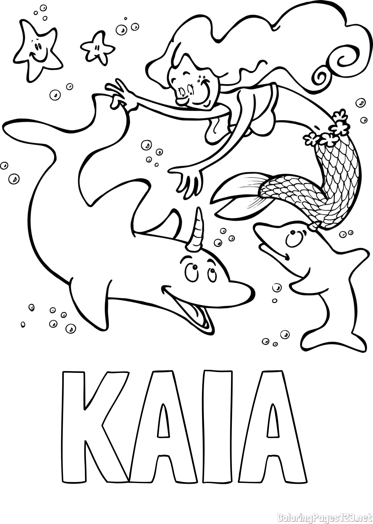 KAIA Coloring Page and Coloring Page of a Mermaid Playing with Dolphins