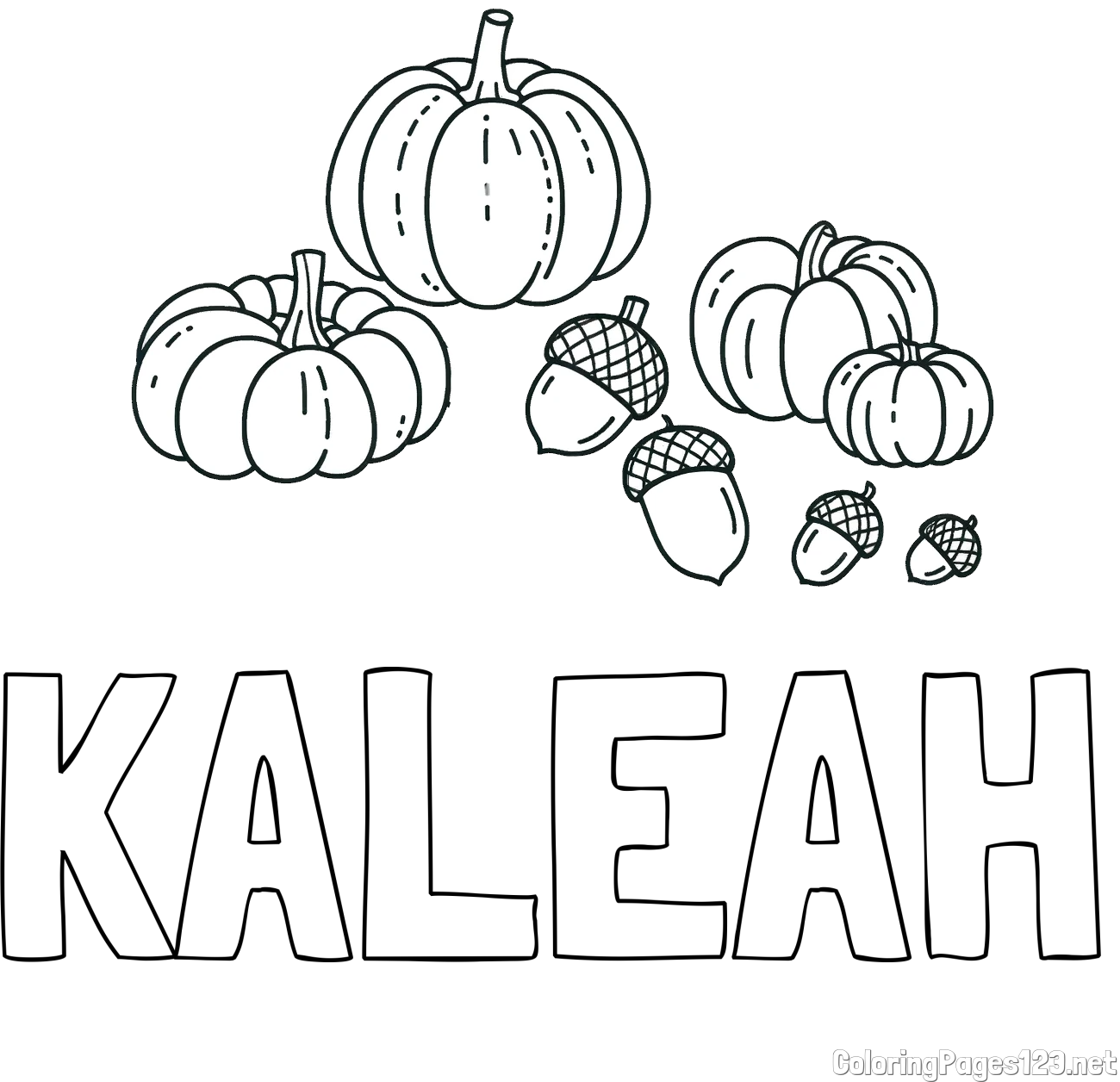 KALEAH Coloring Page and Autumn Harvest Coloring Page - Acorns and Pumpkins