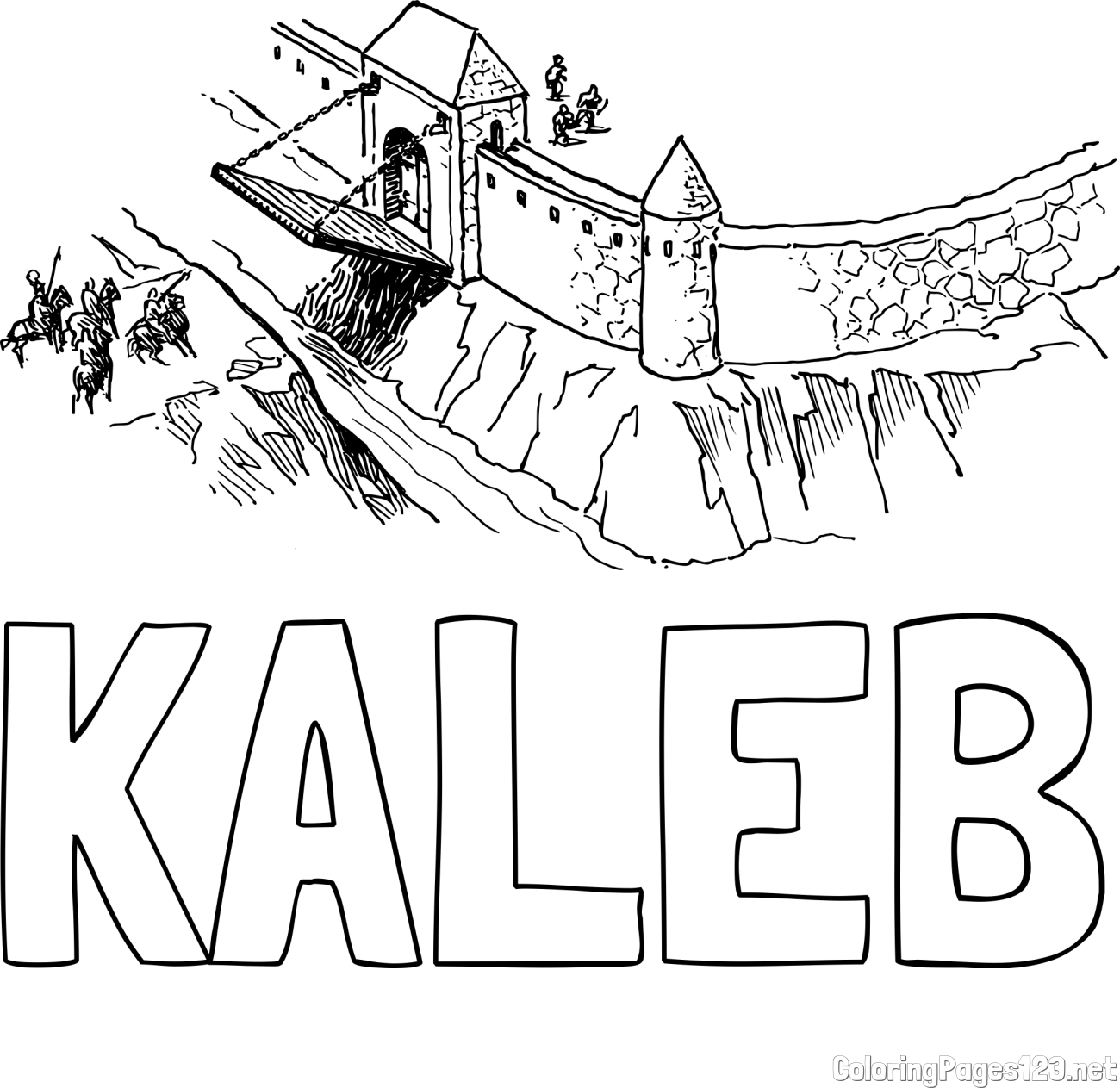 KALEB Coloring Page and Castle Wall Coloring Page - Detailed with Enemies and Soldiers