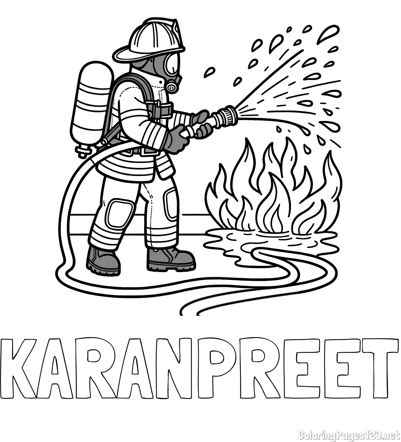 KARANPREET Coloring Page and A coloring page of a firefighter and a big fire