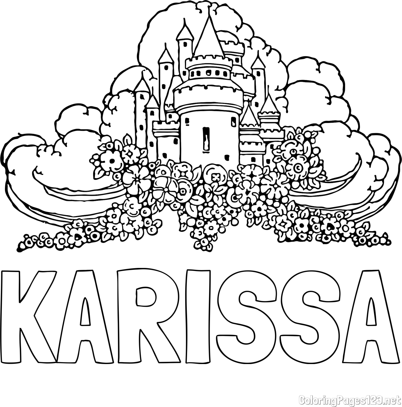 KARISSA Coloring Page and Fairytale Castle Coloring Page - Surrounded by Clouds and Flowers
