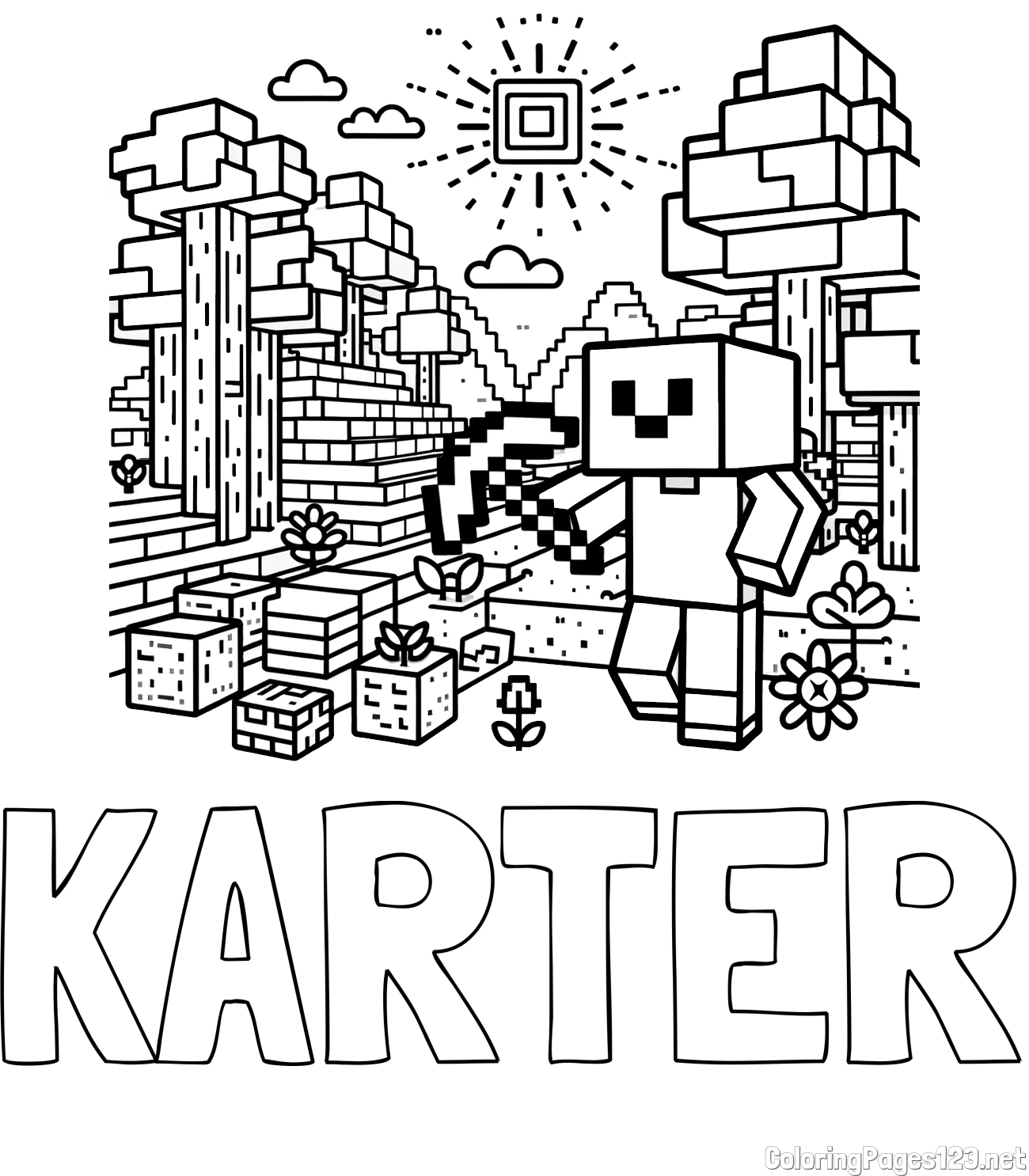 KARTER Coloring Page and Minecraft World Coloring Page