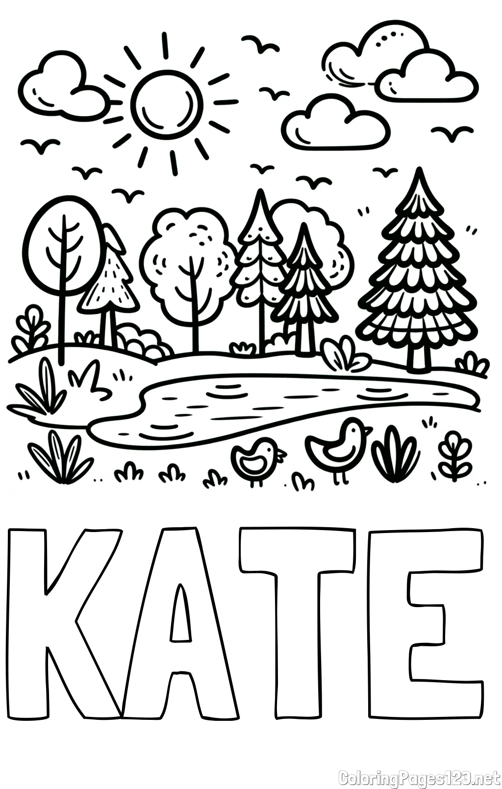 KATE Coloring Page and Summer Coloring Page - Pond, Ducks and Forest
